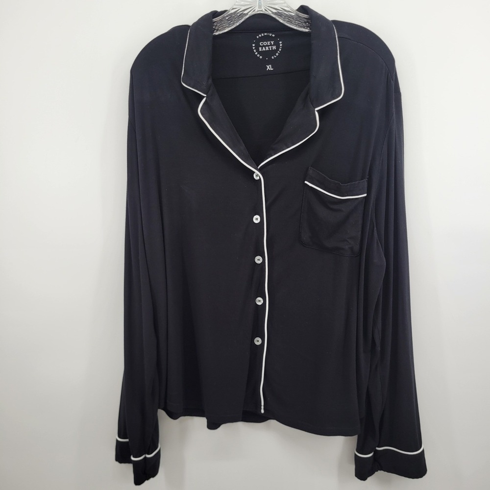 Cozy Earth Women XL Black Bamboo Pajama Top Long Sleeve Button Down Sleep Shirt
